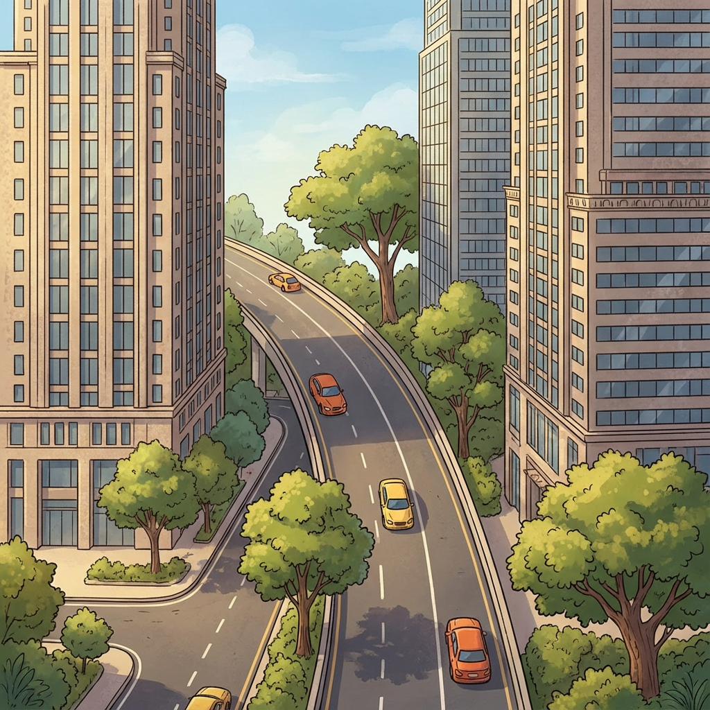 AI image generated of Two tall buildings flank a small park filled with trees sporting green leaves and colorful orange and yellow fruit.