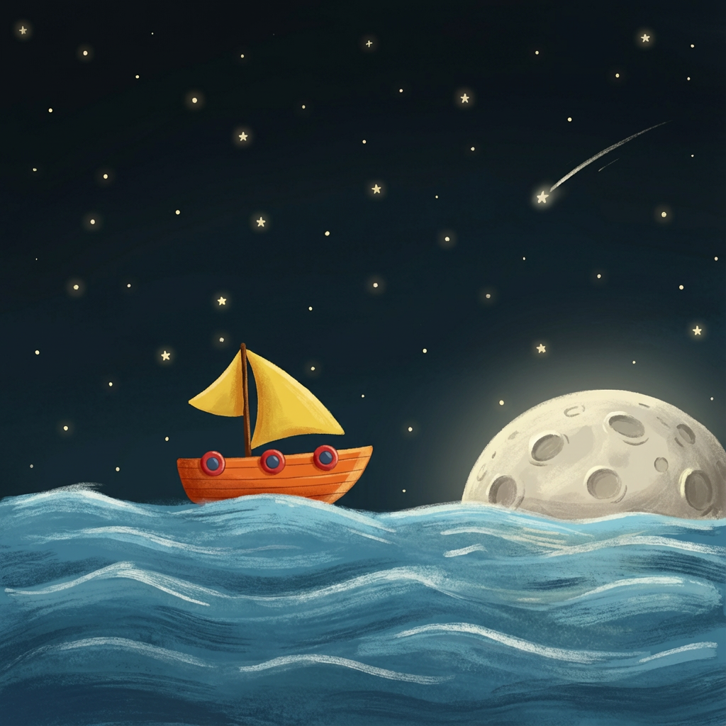 AI image generated of A small orange boat with a yellow sail glides across bright blue water under a star-filled night sky, near a gray cratered rock on the shore.