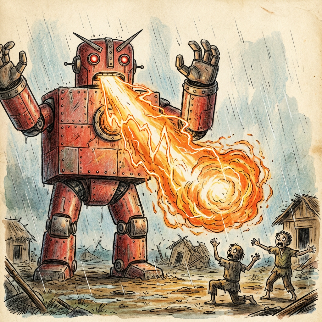 AI image generated of A red, blocky humanoid with an angry face and huge arms, spewing orange flames from its torso while two tiny stick figures stand nearby.