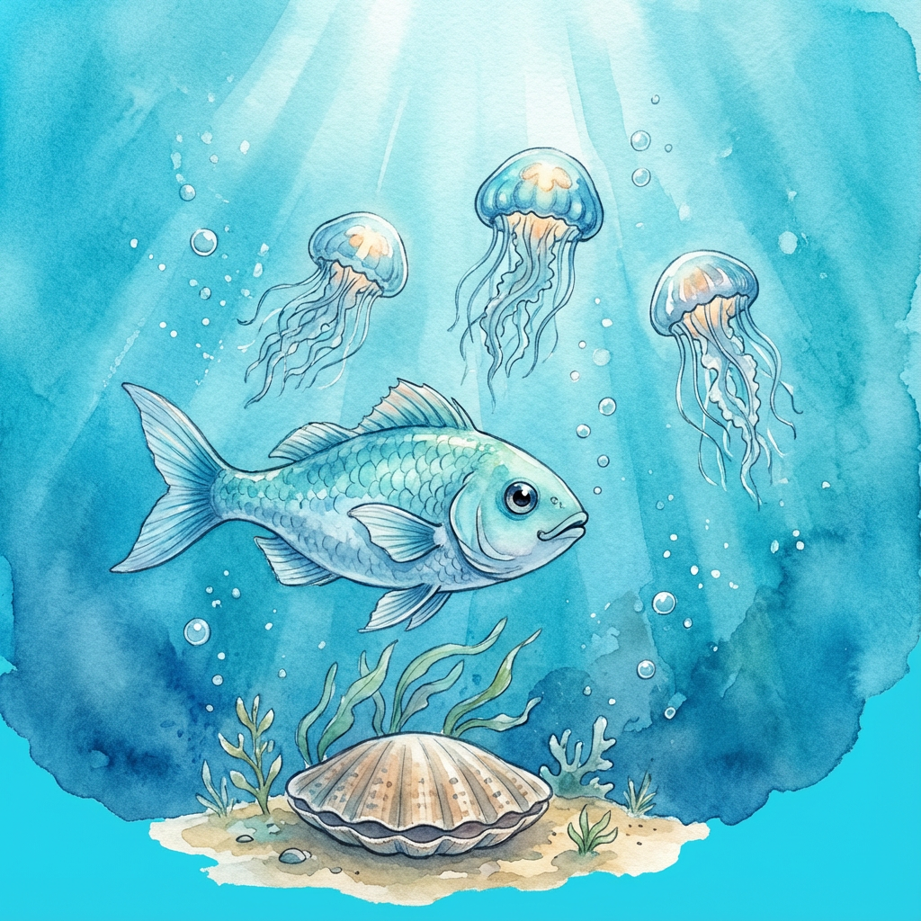 AI image generated of A simple, cartoonish whale with a smile swimming in a blue sea, with rocks floating nearby.