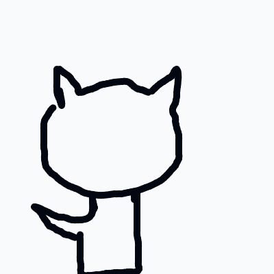 A minimalist drawing of a cat: a rounded head with pointy ears, a small rectangular body, and a curved tail.