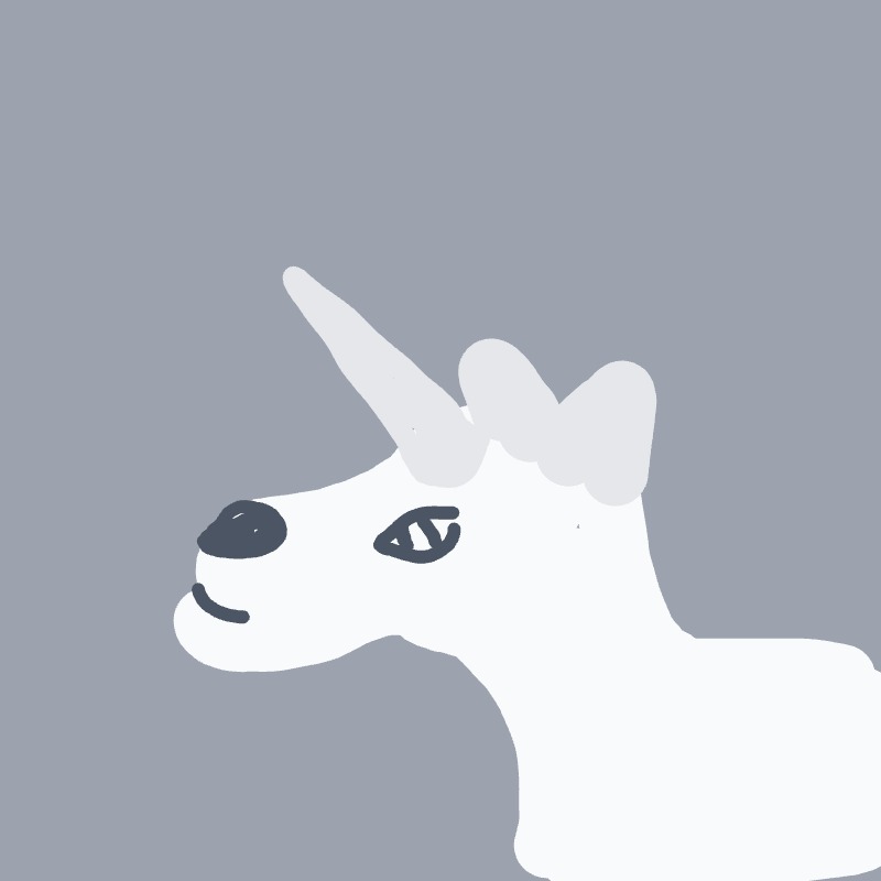 A minimalist white unicorn head in profile with a single horn against a muted gray background.