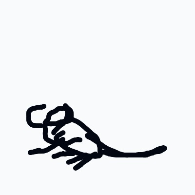 A simple black doodle of a mouse with large ears and a long tail.