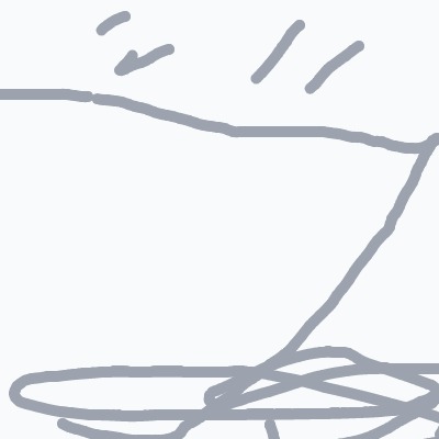 A rough gray doodle with a long horizontal line, a diagonal line crossing it, a tangled oval scribble at the bottom, and a few small curved marks up top.