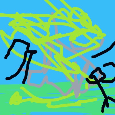 Two stick-figure people stand on a grassy field under a bright blue sky while a chaotic tangle of lime-green scribbles sprawls overhead.