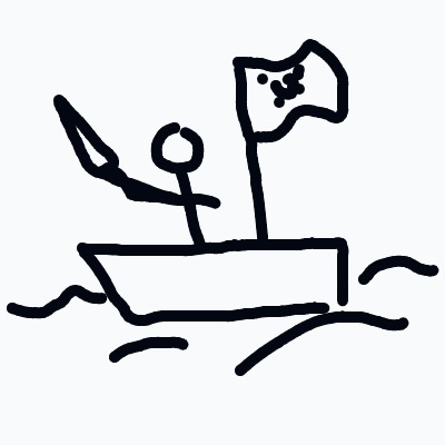 A simple drawing of a stick-figure person in a small boat on wavy water, holding a long pointed object and with a flag fluttering from a pole at the stern.