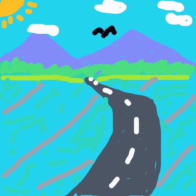 A winding dark road with white dashed lines snakes toward purple mountains across a turquoise landscape under a sunny blue sky with clouds and a small bird.