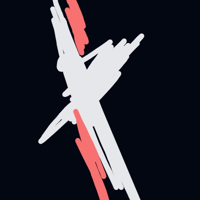 An abstract, cross-shaped composition of bold white and pink brushstrokes overlapping on a dark background.