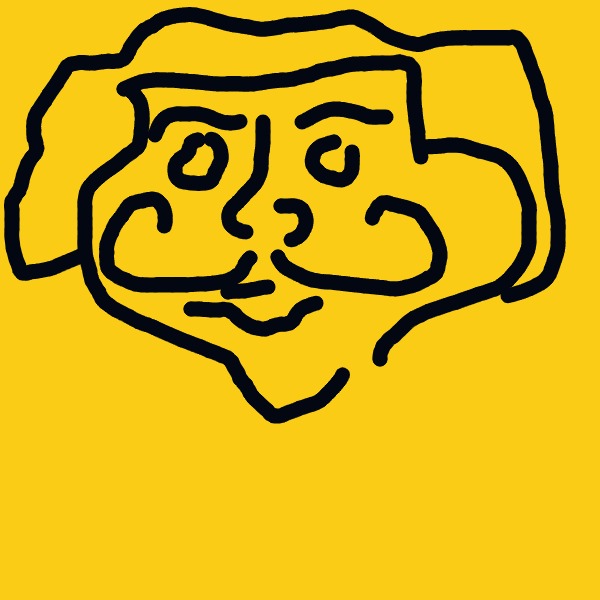 An abstract, cartoonish face drawn with thick black lines on a solid yellow background.