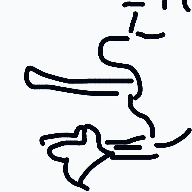 A minimalist line drawing of a person sitting with a curved torso and an extended leg.