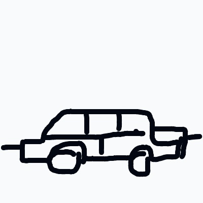 A simple, hand-drawn side view of a sedan with two windows and two wheels.