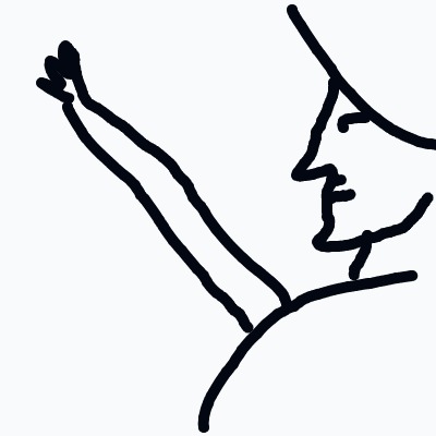 A simple line drawing of a person in profile with one arm raised high.