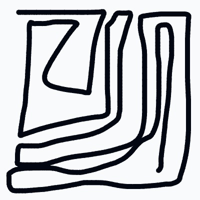 An abstract, thick-lined drawing of a rounded-square frame with looping, maze-like curves inside.