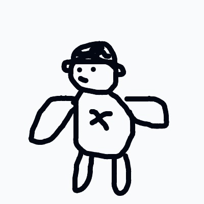 A simple, kid-style drawing of a smiling person with wing-like arms, wearing a cap, and a big X on the chest.