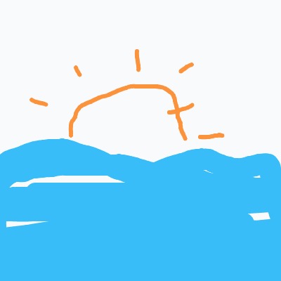 A simple drawing of an orange sun rising behind blue waves with sun rays radiating outward.