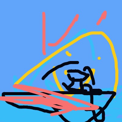 A blue background with a large yellow curved outline enclosing a black scribbled shape in the center, pinkish cross-strokes across the bottom, and a few orange-red marks and tiny yellow dots around it.