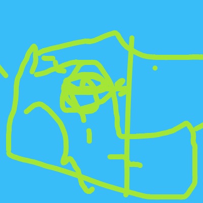 A bright lime-green doodle on a blue background that resembles a boxy camera with a circular lens in the middle.