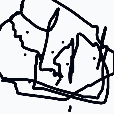 A bold, abstract doodle of overlapping, curved lines with scattered dots that vaguely resembles a face in profile.