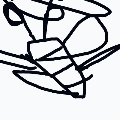 An abstract, bold line drawing where thick black strokes overlap to form a tangled, geometric composition with no obvious subject.