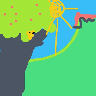 A bright, childlike scene of a yellow figure swinging from a tree on a cliffside above a blue river, with green hills and a spotted fruit tree in the background.