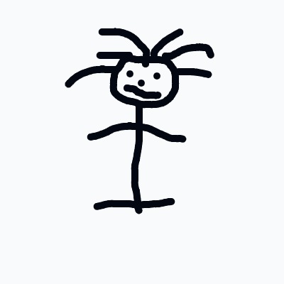 A childlike stick-figure drawing of a person with a round head, spiky hair, two eyes and a mouth, a long body, and outstretched arms and legs.