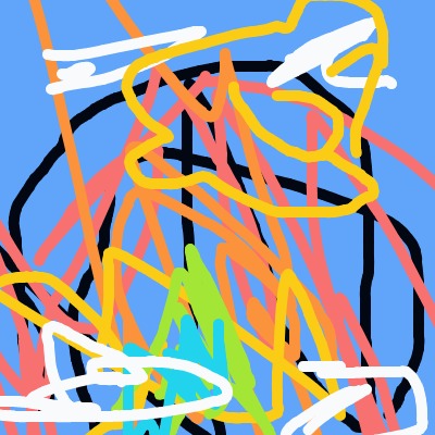 A vibrant, chaotic abstract doodle—layered scribbles and shapes in bright colors over a blue background, with a black circular outline at the center.