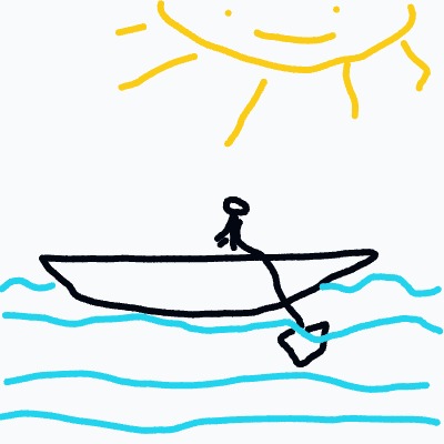 A person stands on a small boat on blue waves under a bright yellow sun, with a rope trailing from the boat into the water.