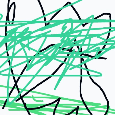 An abstract doodle with bold black lines forming jagged shapes, largely obscured by dense mint-green scribbles.
