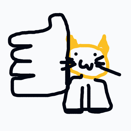 A small yellow-orange cat stands beside a large, hand-drawn thumbs-up.