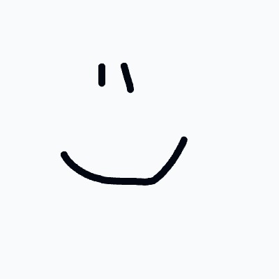 A minimalist smiley face with two small eyes (one vertical, one slanted) and a broad curved smile.