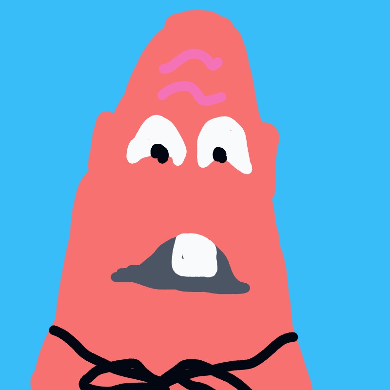 A pink, cone-shaped creature with large white eyes, a gray mouth, purple squiggly eyebrows, and a knotted black line around its neck against a bright blue background.
