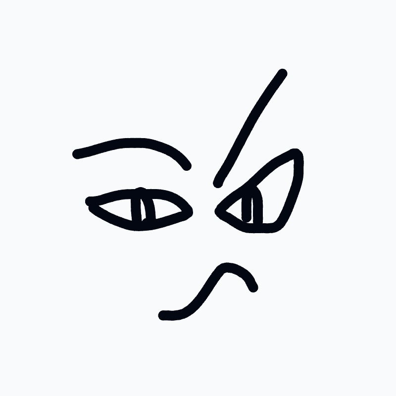 An abstract, minimalist sketch of a face with two eyes, a raised brow, and a curved frowning mouth, conveying an annoyed expression.