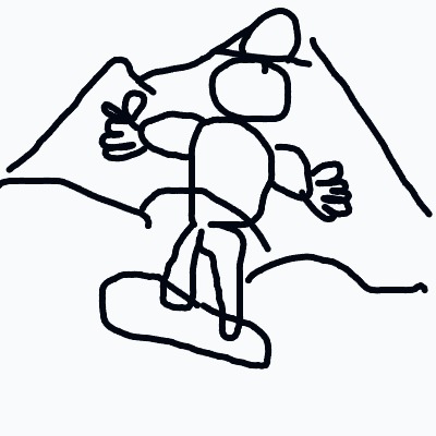 A simple stick-figure snowboarder wearing a hat rides a snowboard down a snowy mountain.