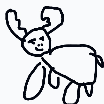 A playful, childlike drawing of a moose with oversized, branching antlers, a round head with a smile, and a chunky oval body with four legs.