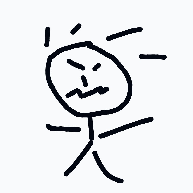 A panicked-looking stick figure with a big round head, an angry face, and arms and legs flailing.