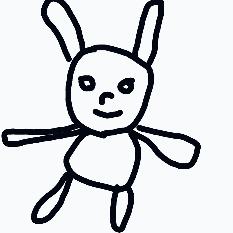 A cheerful, childlike drawing of a bunny with long ears, a round head and body, and outstretched arms.