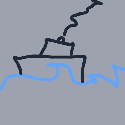 A simple sketch of a boat sailing on blue waves, with a smokestack and a plume of smoke rising from it.