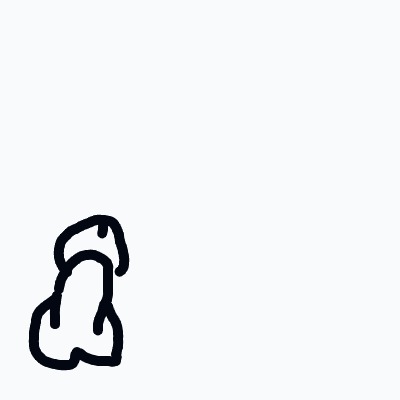 A tiny, abstract black-line doodle of a rounded blob-like creature sitting in the bottom-left corner.