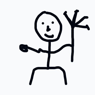 A simple stick-figure person with a round, smiling head, one arm outstretched and the other raised, standing with legs apart.