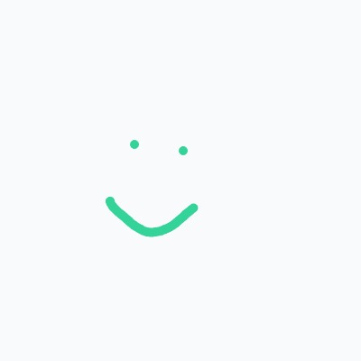 A minimalist teal smiley face with two dot eyes and a curved mouth on a pale background.