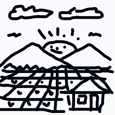 A smiling sun rises between two mountains over a grid-like field with a small house on the right, under a few fluffy clouds.