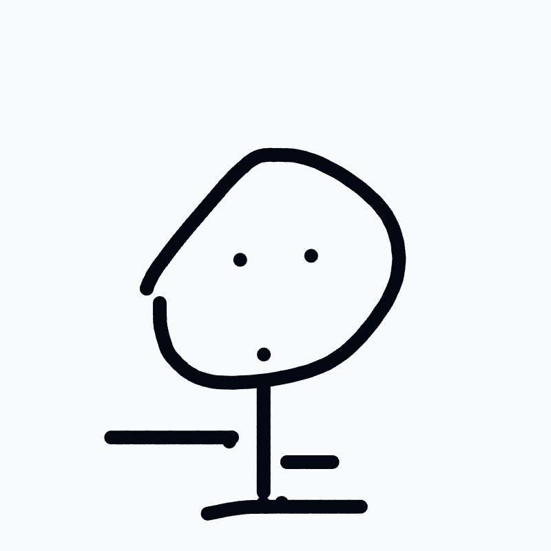 A minimalist drawing of a person with a round head, two eyes, a small mouth, a vertical neck, short outstretched arms, and a flat base.