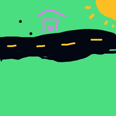 A bright, childlike landscape with a green field, a long black road dashed with yellow lines, a small purple house with a pink curved roof in the distance, two tiny black dots like trees, and a yellow sun shining in the upper right.