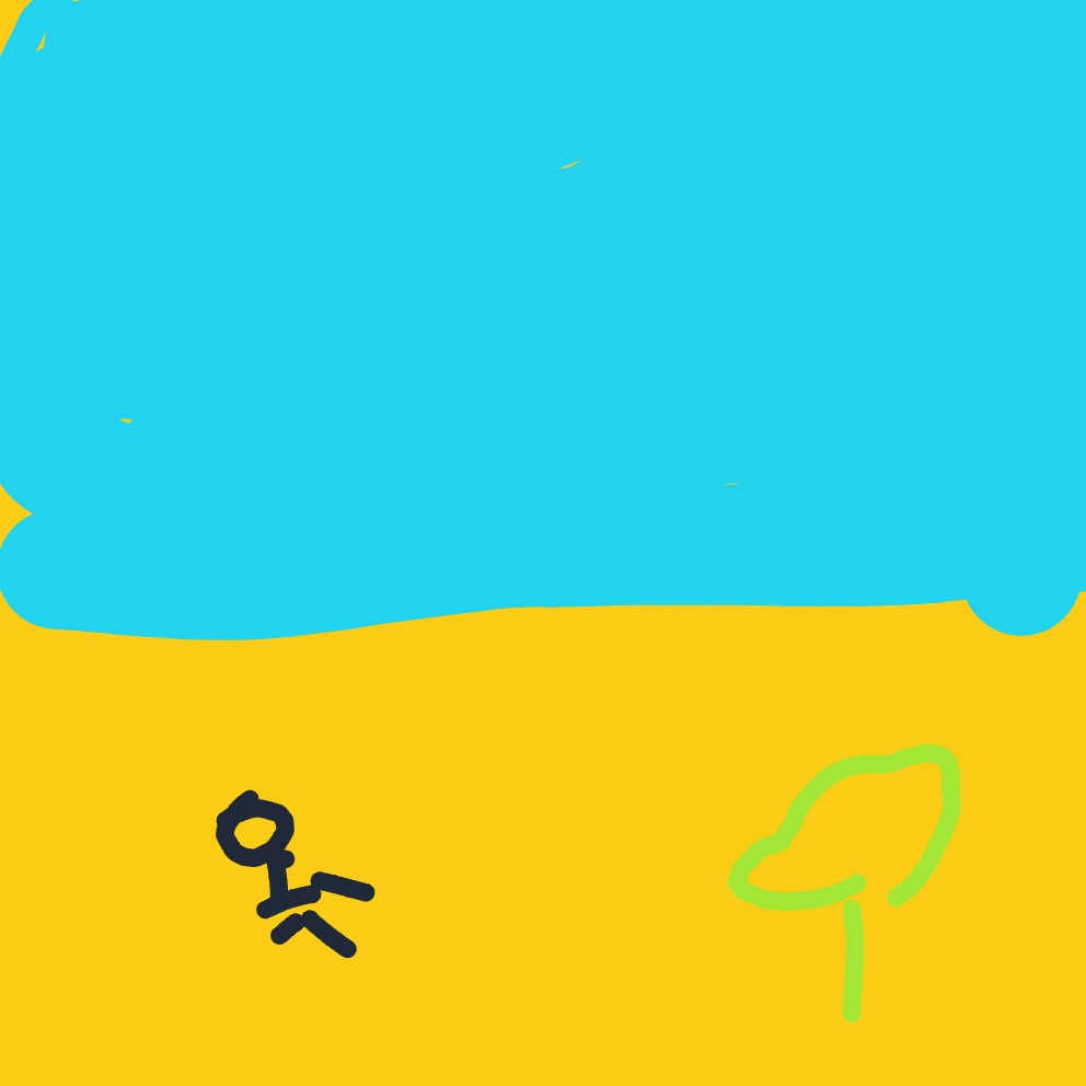 A simple black stick figure stands on bright yellow ground under a large blue sky, with a green tree to the right.