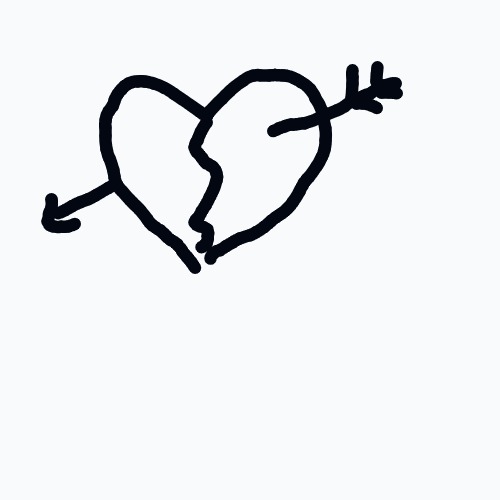 A broken heart with a jagged crack down the middle and arrows sticking out from both sides.
