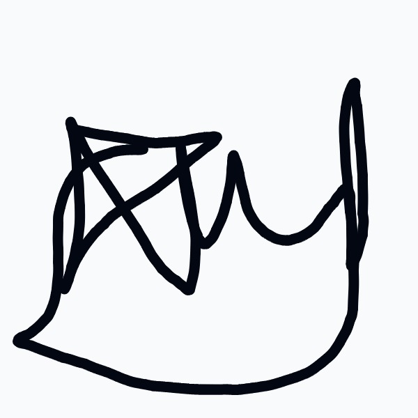 An abstract, freehand doodle with a curved base, overlapping loops on the left, and a tall vertical stroke on the right.