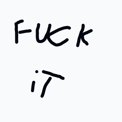 Two bold, rough handwritten lines spell the explicit phrase “fuck it,” giving a casual, defiant vibe.