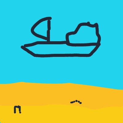 A simple, childlike sketch of a boat on blue water above a sandy yellow shore.