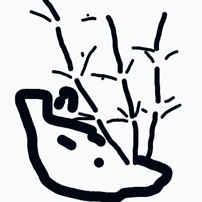 A simple black-line sketch of a shoe resting on the ground with tall blades of grass growing around it.