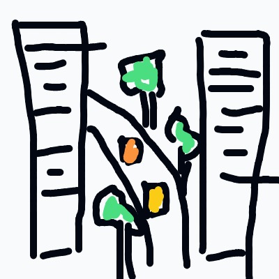 Two tall buildings flank a small park filled with trees sporting green leaves and colorful orange and yellow fruit.